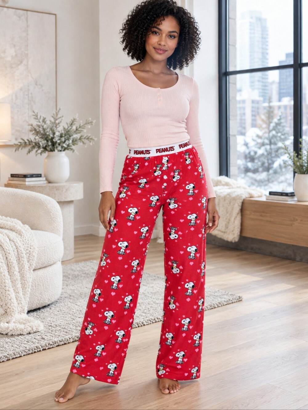 Peanuts Snoopy Woodstock Hearts Pajama Pants Red Pink M